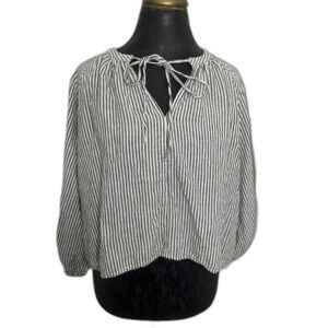 A New Day Navy Cream Striped Linen Blend Top XS 3/4 Sleeve Cropped Blouse